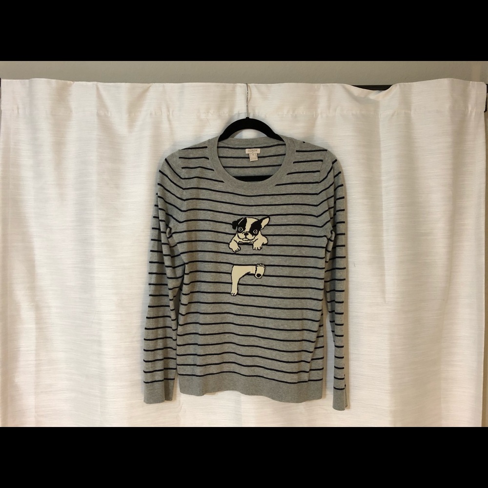 J Crew gray sweater with navy stripes